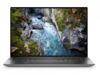 Computador portátil cinza com ecrã mostrando rio e rochas