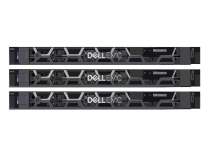 Três servidores Dell EMC pretos com padrões geométricos cinza alinhados horizontalmente