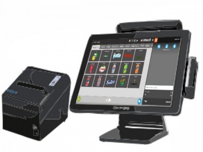 Sistema de ponto de venda com ecrã táctil e impressora térmica preta