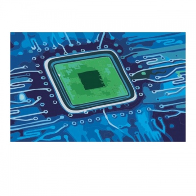 Circuito eletrónico com chip verde no centro e trilhas azuis e brancas