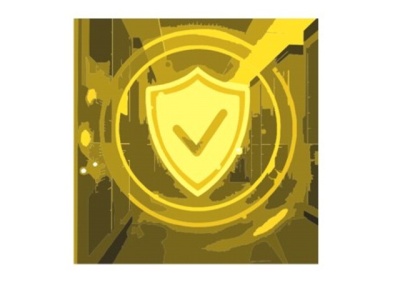 Ícone amarelo de escudo com um visto no centro em fundo amarelo.