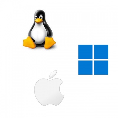 Três logotipos em fundo branco: pinguim Linux, Microsoft e Apple.