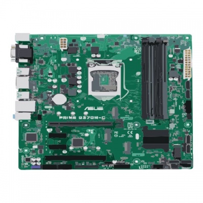 Placa-mãe ASUS PRIME B370M-C verde com chips e slots pretos
