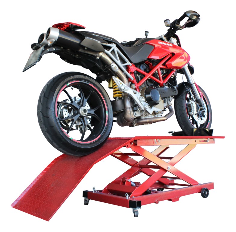 Elevador Hidráulico para Motos 360kg Motocicleta Ducati vermelha em plataforma de elevação hidráulica vermelha