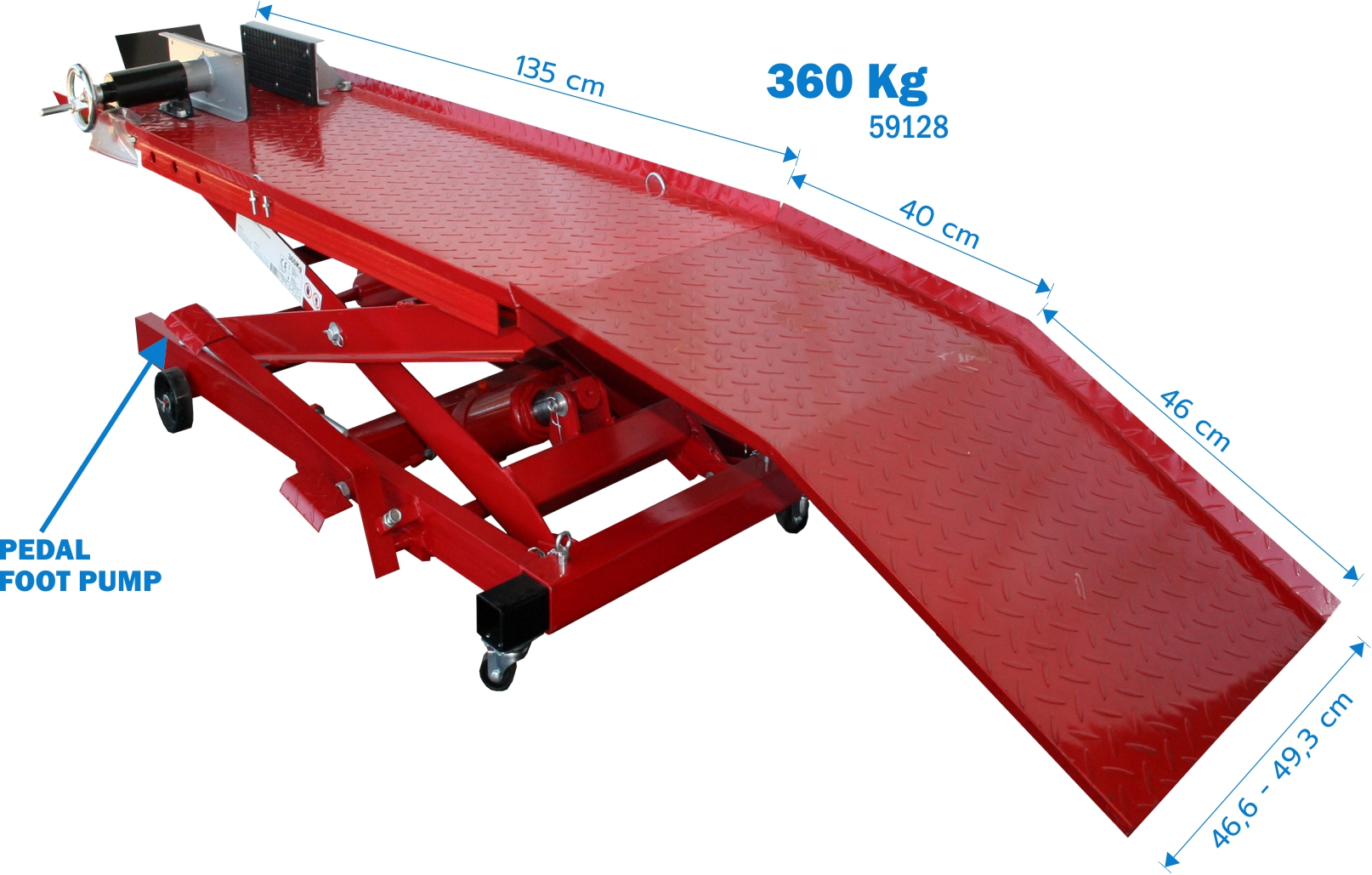 Elevador Hidráulico para Motos 360kg Mesa elevatória metálica vermelha com pedal de bomba de pé e rodas