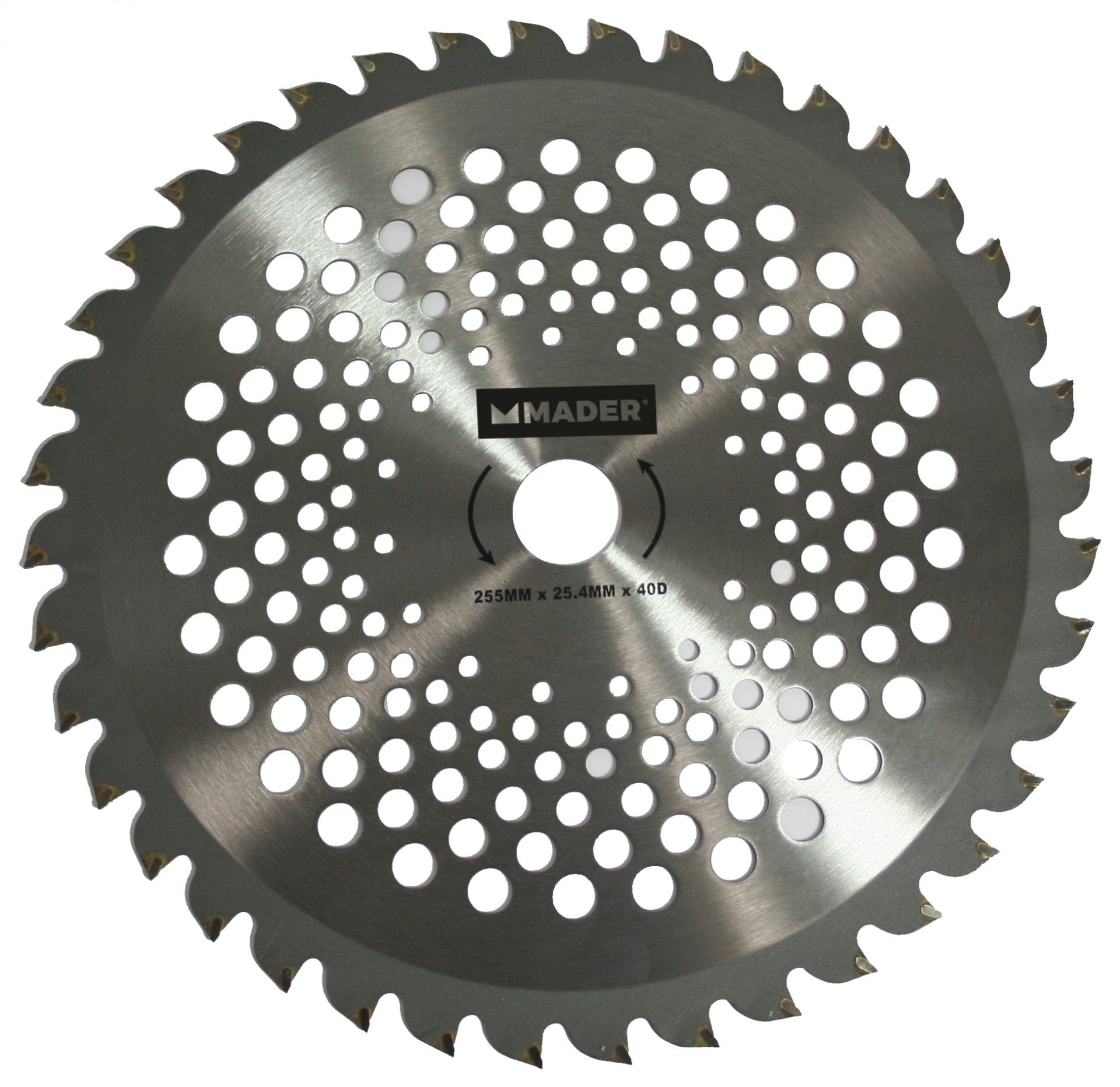 Disco para Roçadora, 40D, 255mm Lâmina circular de serra metálica com dentes afiados e furos redondos, texto 'MADER' e especificações no centro
