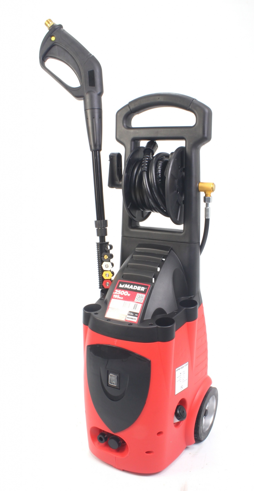 Máquina de Lavar Alta Pressão, 195 Bar, 2500W Lavadora de alta pressão Mader vermelha e preta com mangueira e pistola