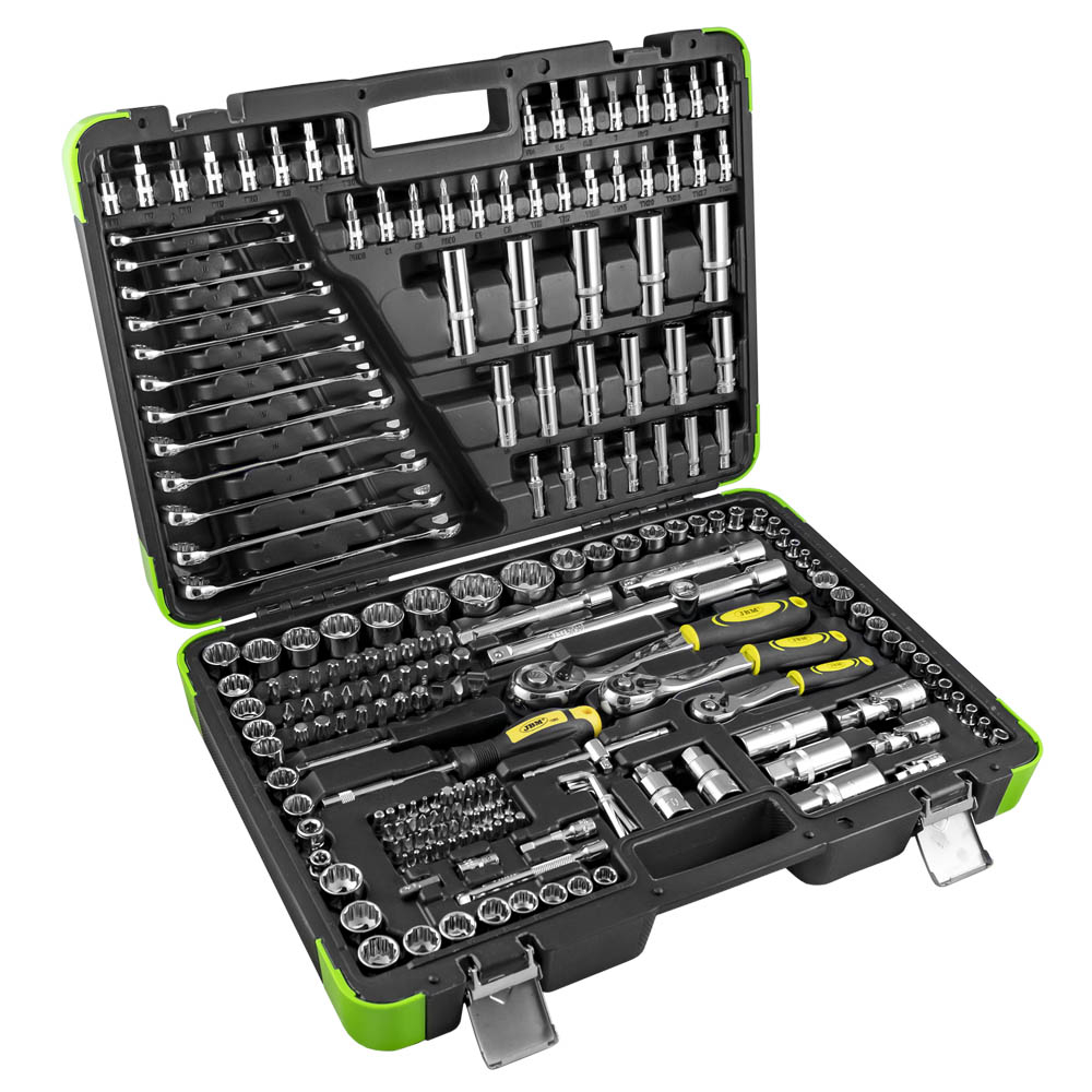 CAIXA DE FERRAMENTAS DE 216 PEÇAS 12 FACES (XZN) - CROMADO Conjunto de ferramentas em caixa preta e verde com várias peças de metal e punhos amarelos