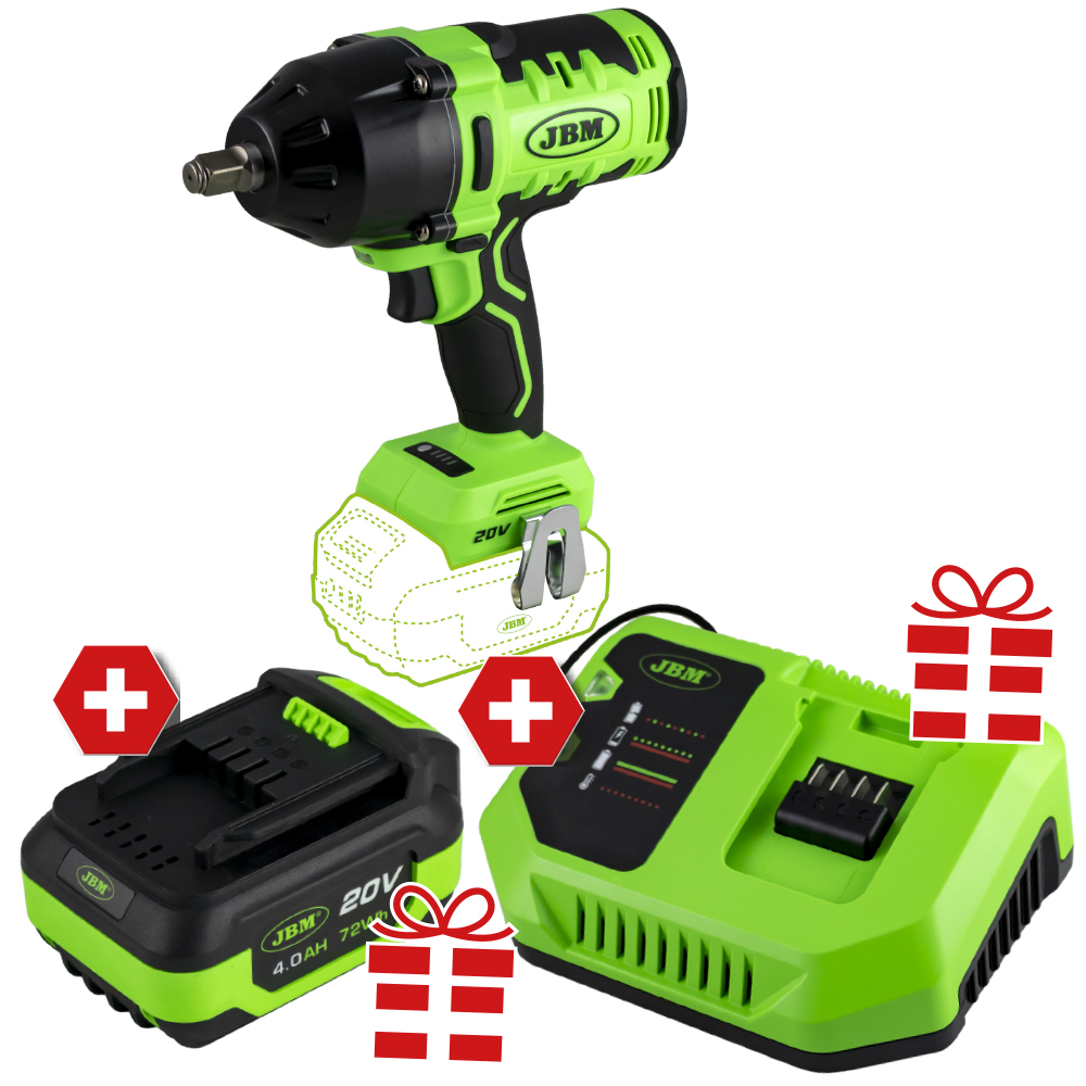 CHAVE DE IMPACTO + 4.0 Ah BATERIA e CARREGADOR 20V Ferramenta elétrica verde e preta JBM com bateria e carregador