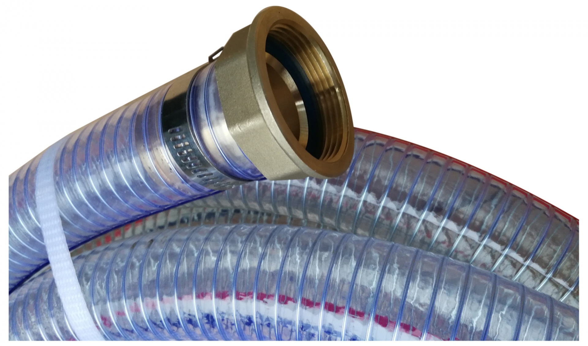 Mangueira de sucção para Moto-bomba Reforçada -MGD-1" 7M 6PC Mangueira transparente reforçada com espiral azul e conexões metálicas douradas