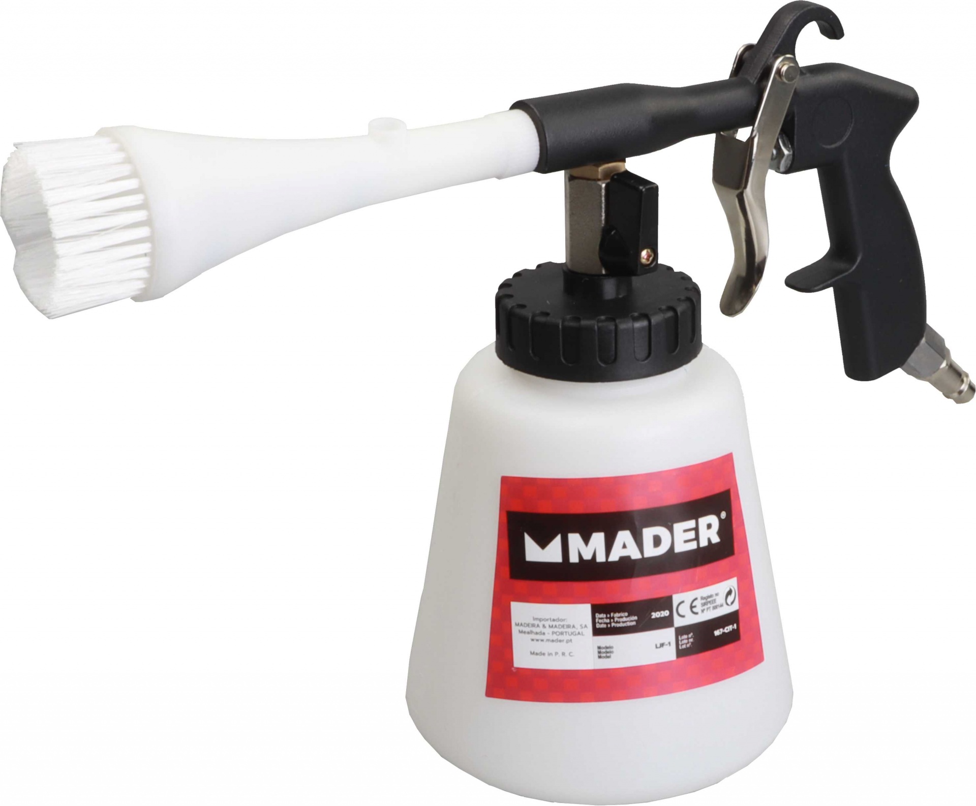 Pistola Lavar, 1/4", 1000ml Pistola de limpeza com escova branca e reservatório branco com etiqueta MADER