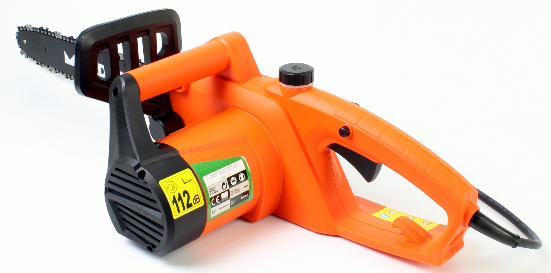 Eletrosserra, 2200W, 400mm Moto-serra elétrica laranja e preta com cabo e lâmina visível