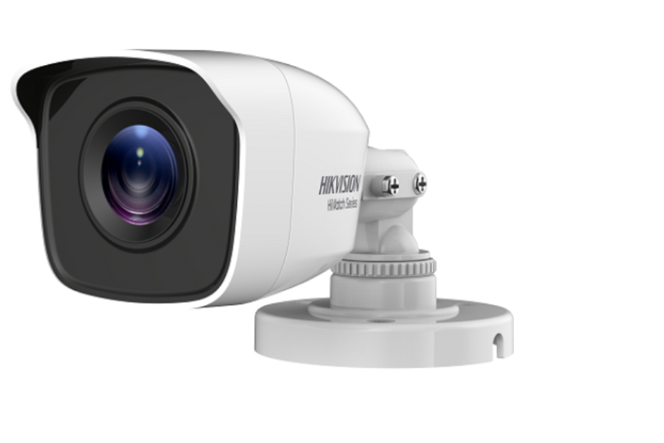 Câmara Mini Bullet 4MP (TVI/AHD/CVI/CVBS) - HIK VISION Câmara de segurança branca com lente preta montada numa base branca