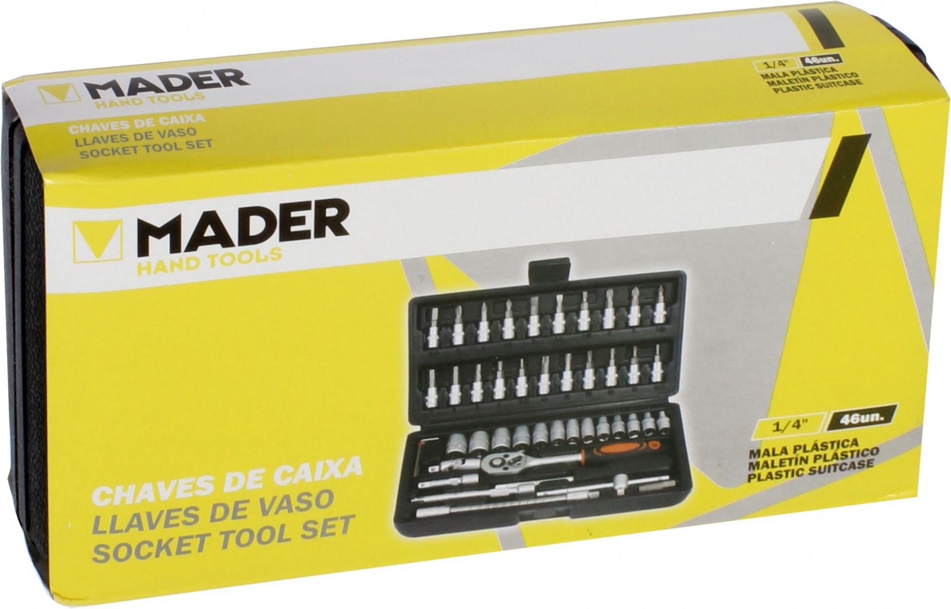 Chave de Caixa, 1/4", 46Un Caixa plástica amarela e cinzenta com conjunto de chaves de caixa MADER de 46 peças