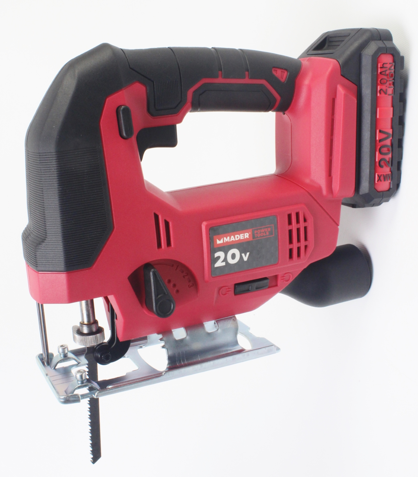 Serra Tico-tico sem Fio, 20V Serra tico-tico elétrica vermelha e preta com bateria 20V.