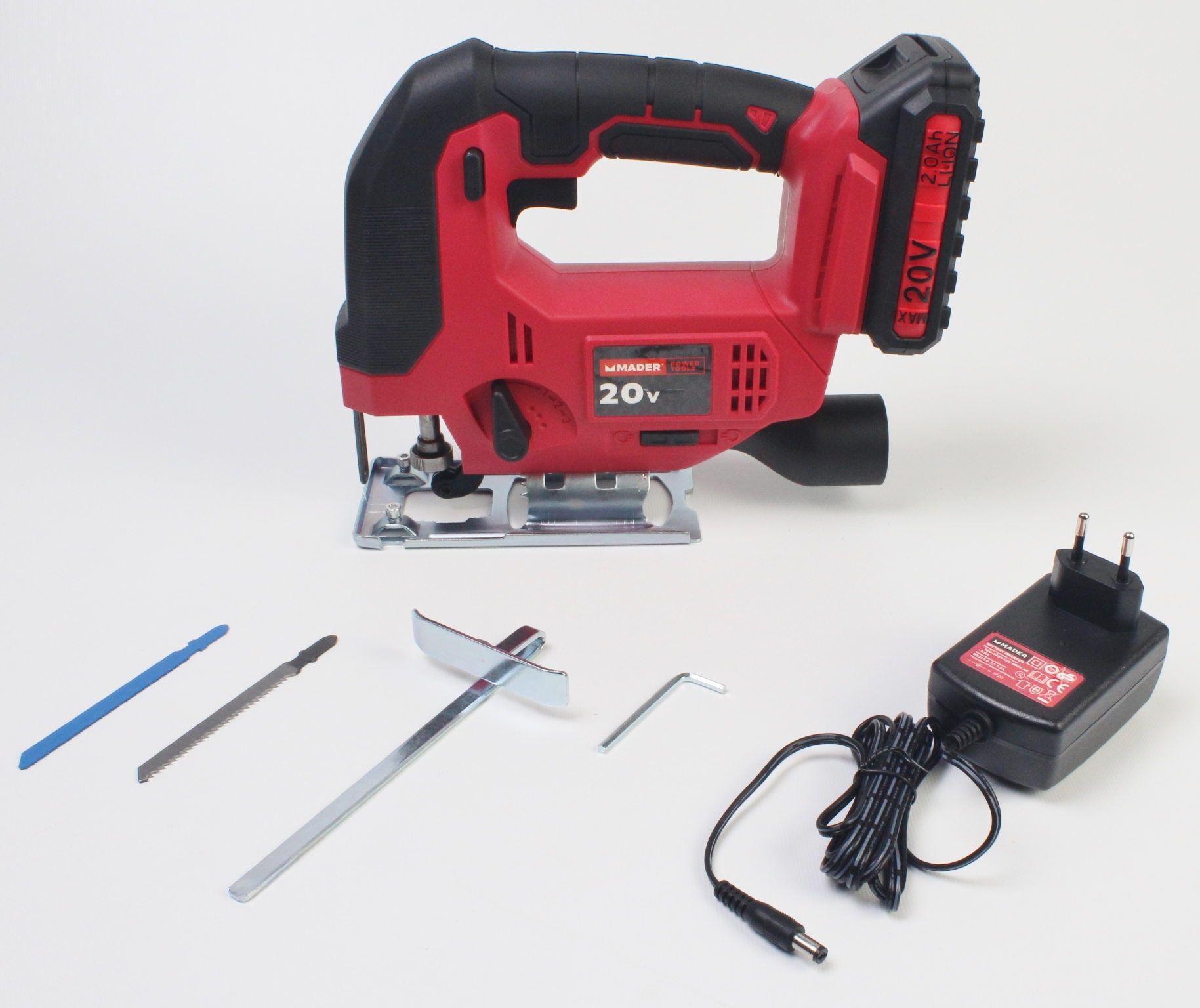 Serra Tico-tico sem Fio, 20V Serra tico-tico sem fios vermelha e preta com acessórios e carregador