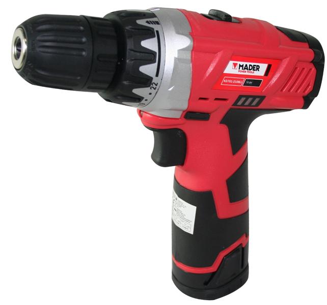 Berbequim Sem Fios, 10.8V, 10mm, 1.3Ah Parafusadeira Mader vermelha e preta com etiqueta e botão preto
