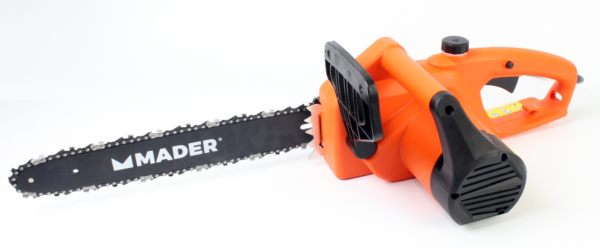 Eletrosserra, 2200W, 400mm Motosserra elétrica laranja e preta com lâmina preta escrita MADER
