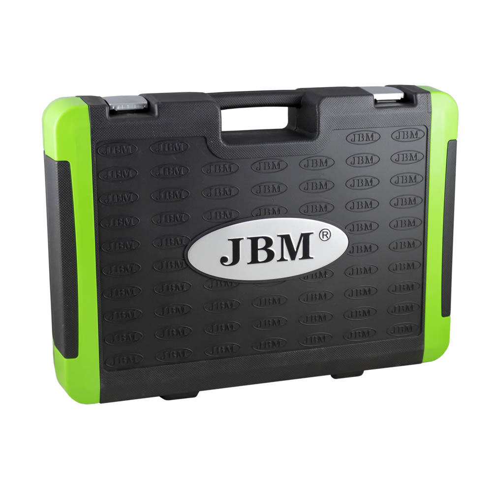 CAIXA DE FERRAMENTAS DE 216 PEÇAS 12 FACES (XZN) - CROMADO Mala rígida preta e verde com logotipo JBM