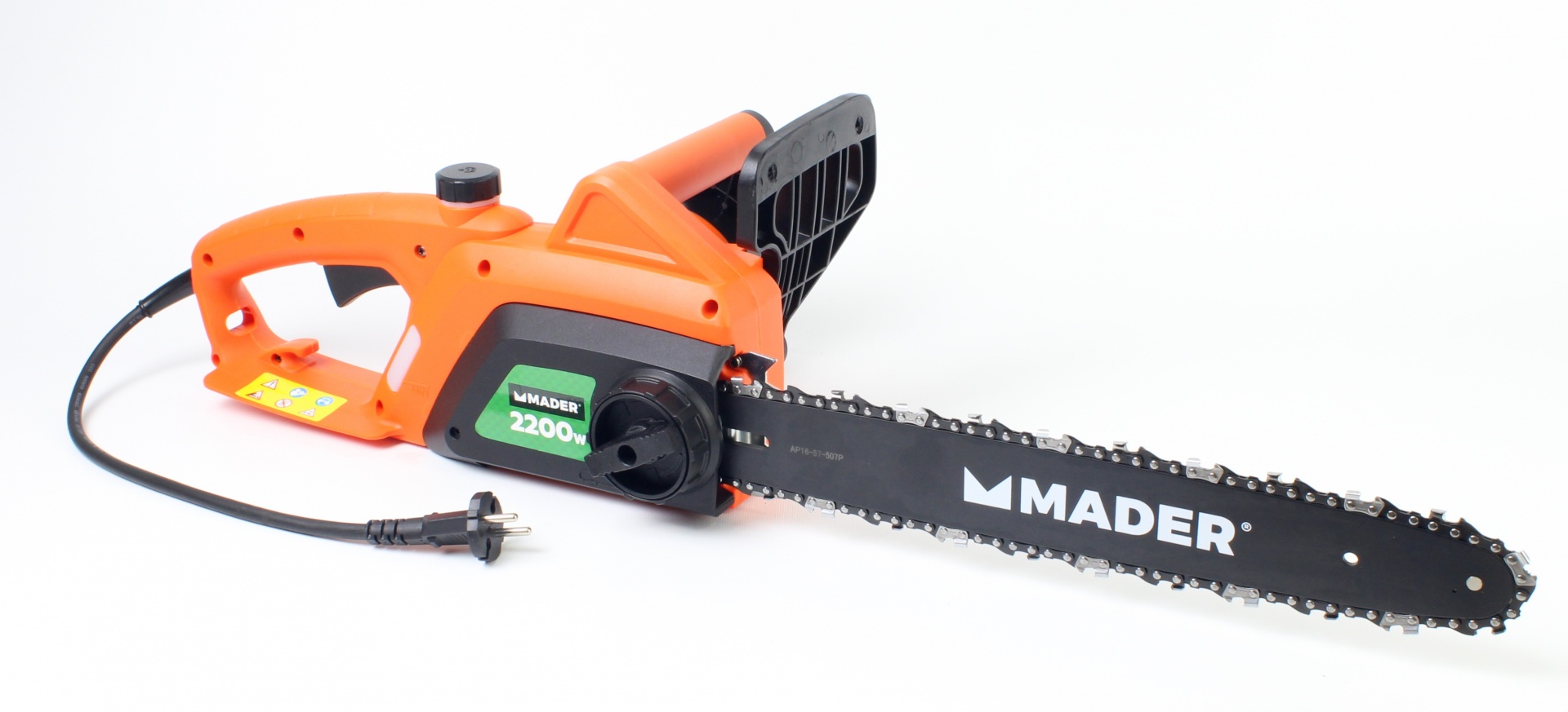 Eletrosserra, 2200W, 400mm Motosserra elétrica MADER laranja e preta com ficha elétrica e texto 2200