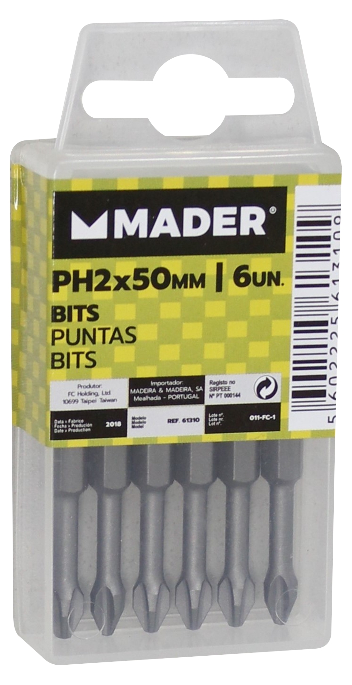 Bits Philips PH2, 50mm, 6Un Conjunto de 6 bits PH2 da marca MADER em estojo plástico transparente com etiqueta amarela e preta
