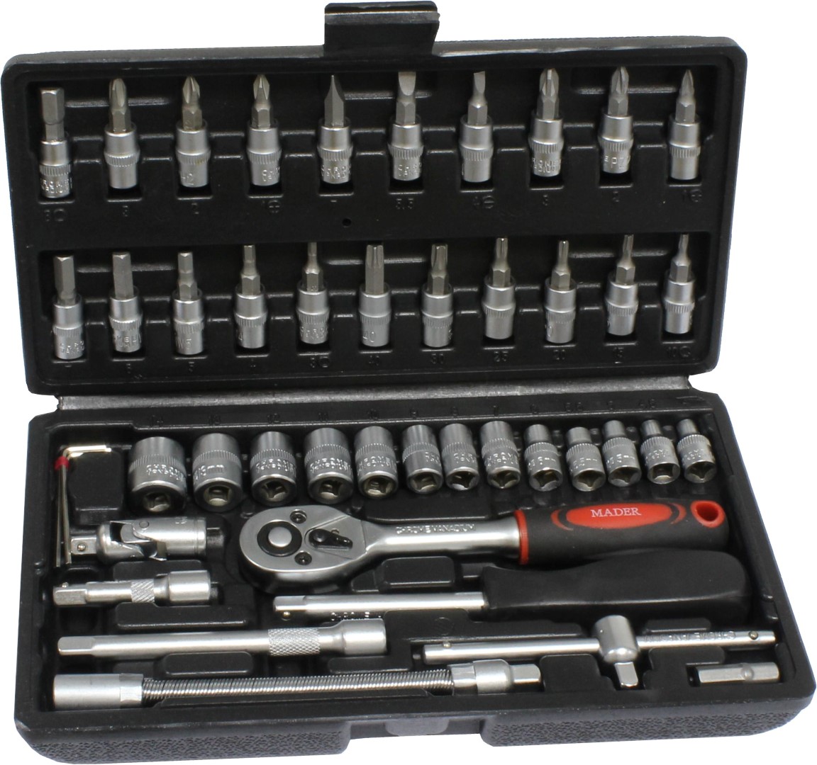 Chave de Caixa, 1/4", 46Un Conjunto de ferramentas com várias pontas de chave e chave de catraca em caixa preta