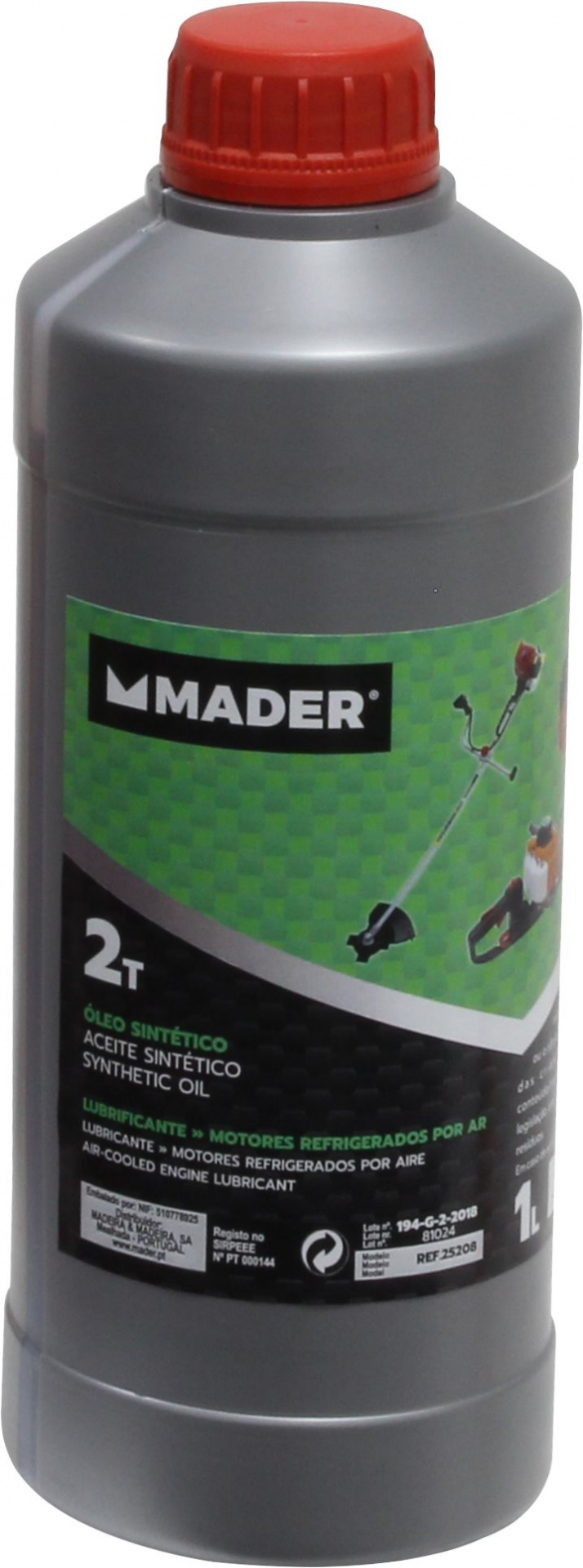 Óleo 2T Sintético 1L Garrafa de óleo sintético MADER 2T para motores refrigerados por ar