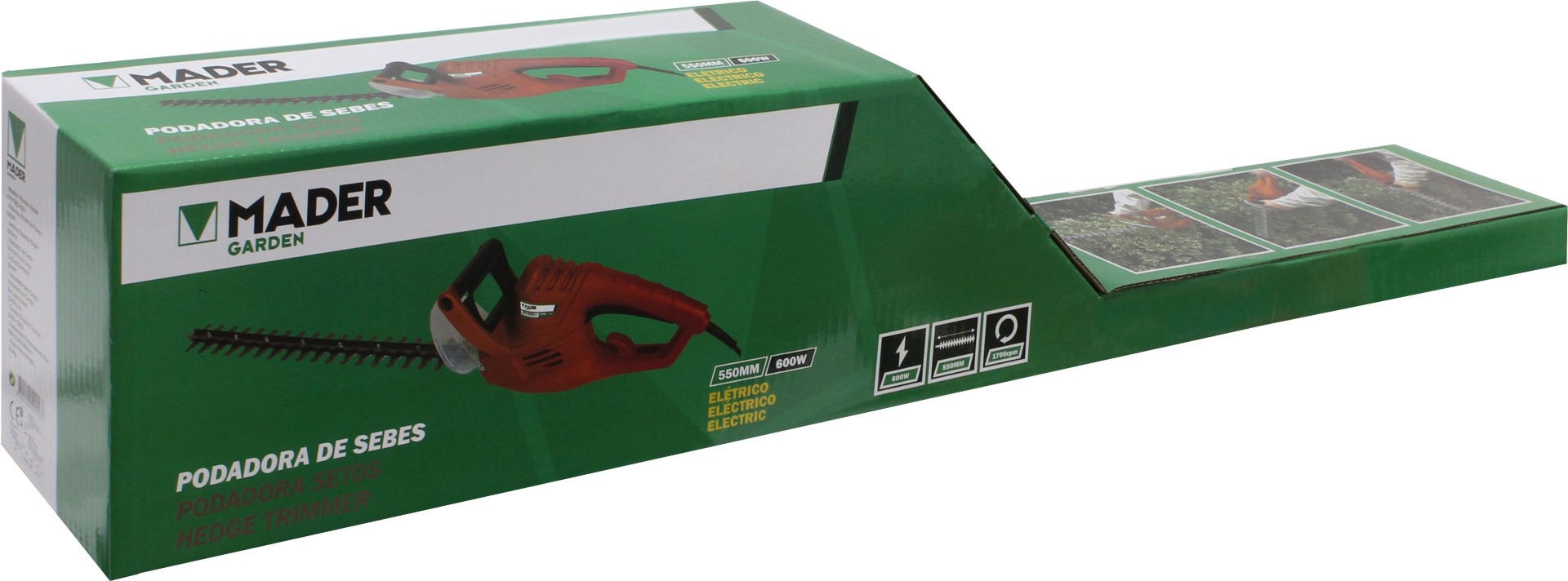 Corta-Sebes 600W, 550mm Caixa verde e branca com podadora de sebes MADER