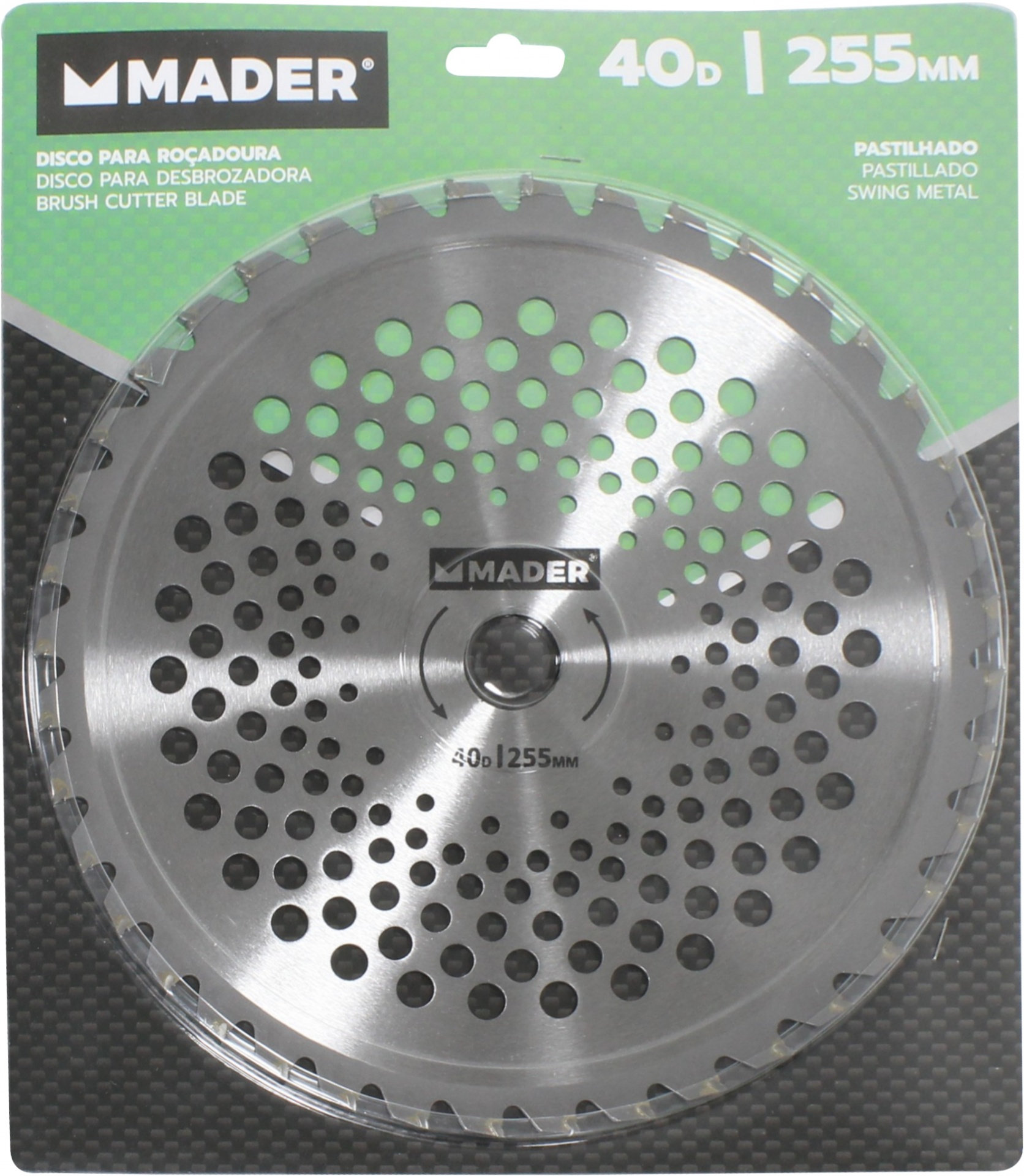 Disco para Roçadora, 40D, 255mm Disco para roçadora MADER metálico com 255 mm na embalagem verde e preta