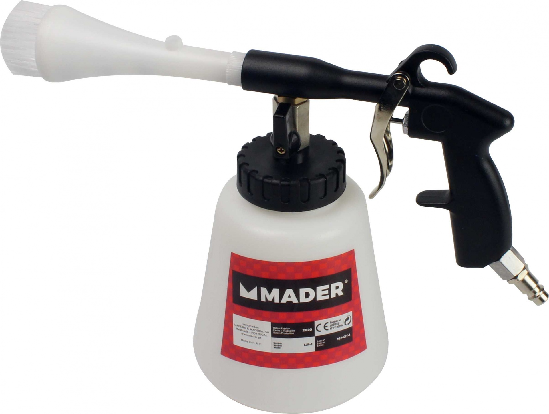 Pistola Lavar, 1/4", 1000ml Frasco pulverizador MADER branco com bico escova e punho preto