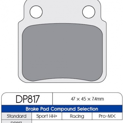 Pastilha de travão DP817 cinzenta com base metálica prateada e tabela de seleção de composto