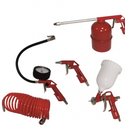 Conjunto de ferramentas pneumáticas com pistolas de ar vermelhas e acessório de medidor de pressão.