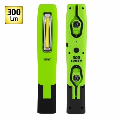 lanterna LED verde e preta com texto 300 LUMEN