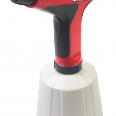 Pulverizador manual vermelho e preto com recipiente branco opaco