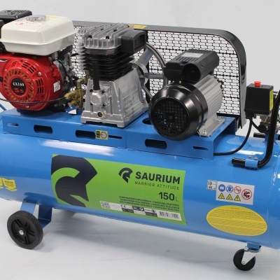 Compressor de ar industrial azul SAURIUM 150L com motor vermelho e branco, proteção metálica e rodas