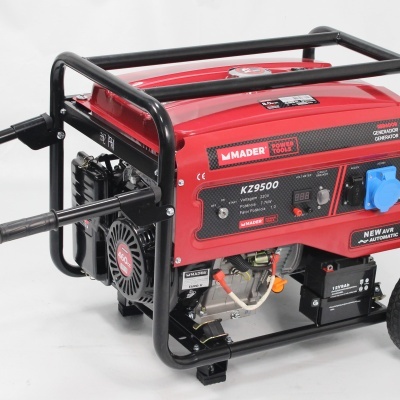 Gerador portátil vermelho e preto com rodas e alças para transporte