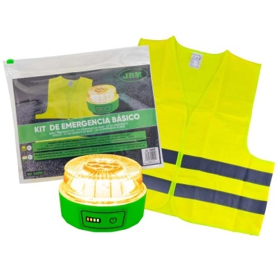 Kit de emergência básico com colete refletor amarelo e luz de emergência verde