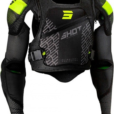 Coletor protetor preto e amarelo neón para desporto com mangas longas e texto SHOT RACE GEAR