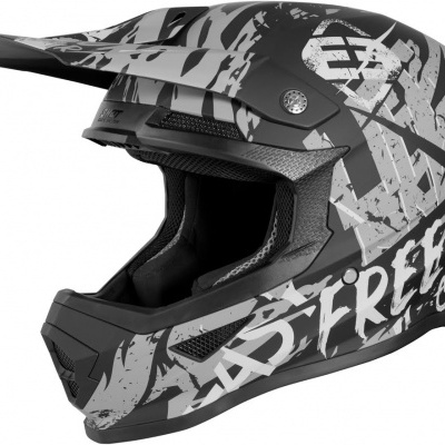 Capacete motocross preto e cinza com padrões gráficos e texto 'STREET'