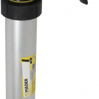 Ferramenta aplicadora de silicone ou selante com corpo metálico prateado e partes plásticas pretas.