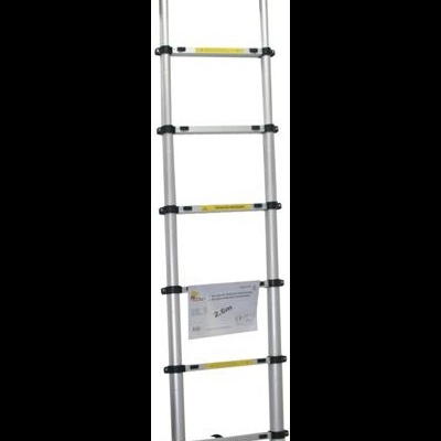 Escada extensível em alumínio com etiquetas amarelas e pretas