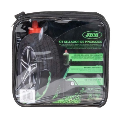 Kit selador de pinchazos JBM com compressor e ferramentas numa embalagem transparente preta