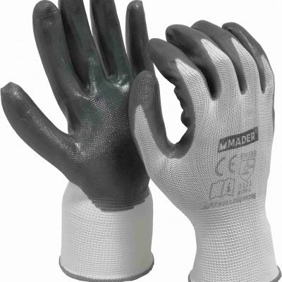 Luvas industriais MADER cinza e brancas com texto e símbolos na parte de trás