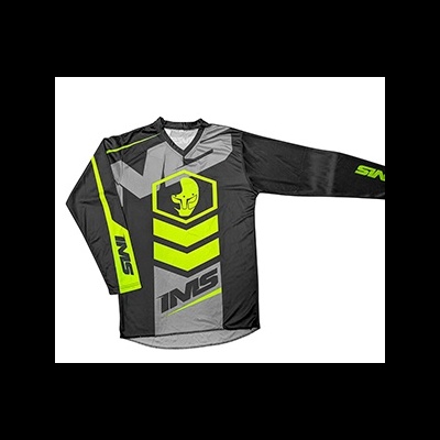 Camisola desportiva preta com detalhes cinza e amarelo fluorescente, com texto INS.