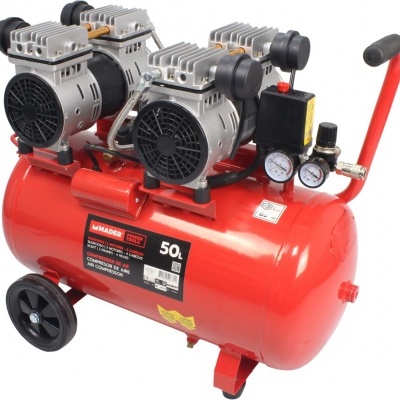 Compressor de ar portátil vermelho com motores cinza e rodízios pretos