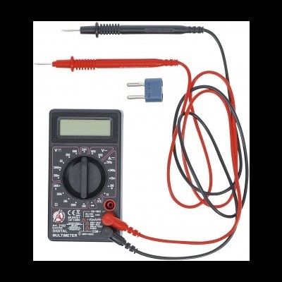 Multímetro digital com fios de teste vermelho e preto sobre fundo branco