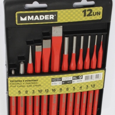 Conjunto de 12 escopros e ponteiros MADER com cabos vermelhos em embalagem preta e amarela