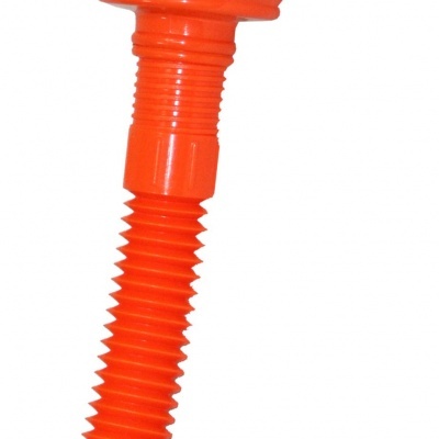 Funil de plástico laranja com bocal flexível e etiqueta preta