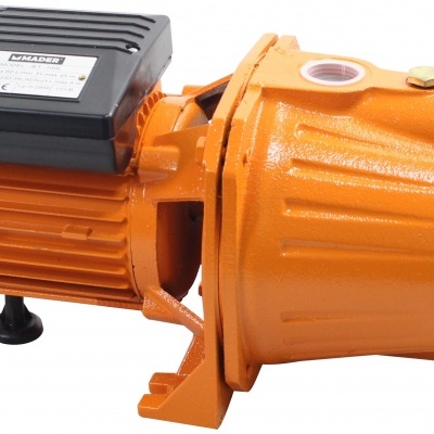 Bomba de água elétrica laranja e preta com etiqueta técnica