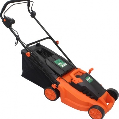 Corta-relvas elétrico laranja e preto com saco coletor e pega preta